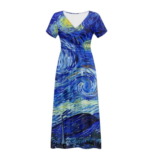 Image of Women's Fall Summer Short Sleeve Ankle Length V-Neck Party Dress with Pockets Size S-3XL