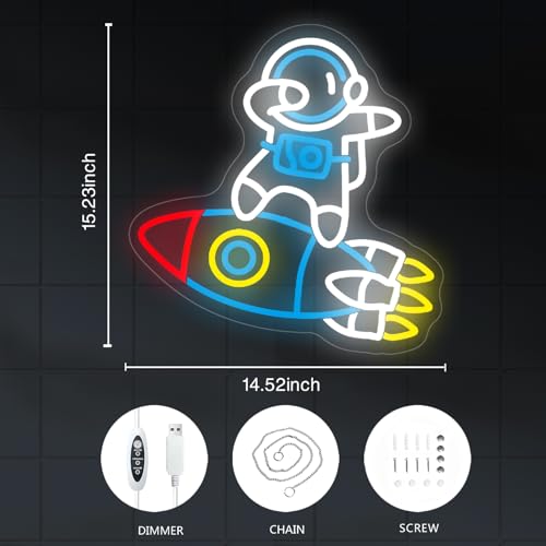 Image of Astronauts & Rockets Neon Sign, Dimmable Spaceman LED Neon Light for Wall Decor Space Room Decor for Gifts for Teen Kids, Man Cave,Game Room