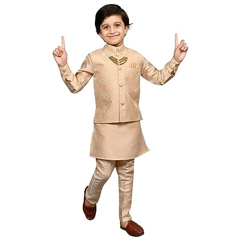 AHHAAAA Kids Ethnic Silk Blend Traditional Wear Bollywood Style Sherwani Waistcoat Kurta and Pyjama with Mala for Boys 525 Cover