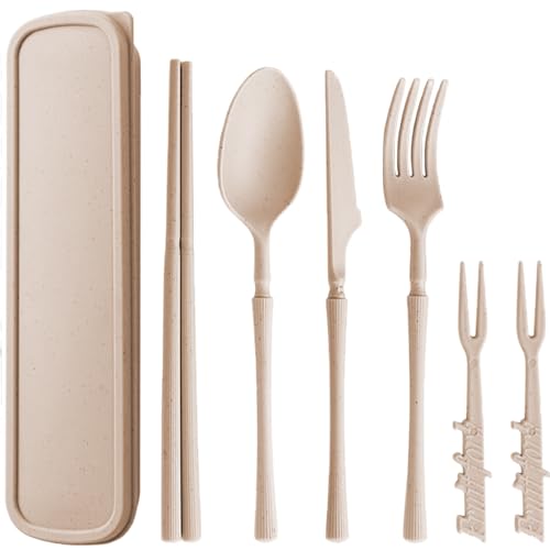 Reusable Travel Utensils Set with Case, Wheat Straw Portable Forks Spoon Knife Chopsticks Tableware, Eco-Friendly BPA Free Camping Cutlery Flatware for Adults Kids Picnic or Daily Use (Beige)