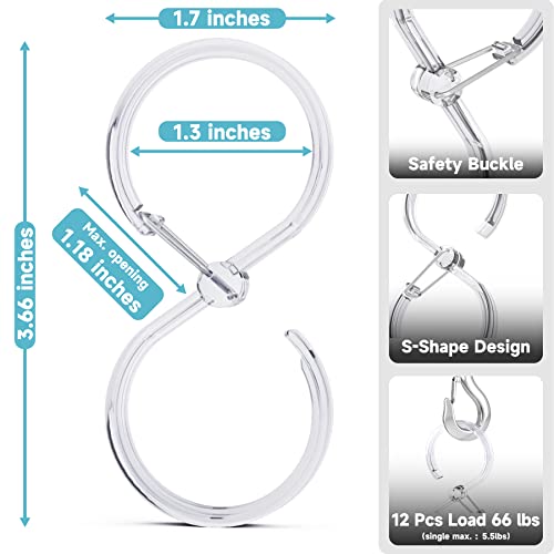 Amazer Shower Curtain Hooks Rings, Plastic Shower Curtain Hooks Rust Proof 12 Pcs Shower Hooks For Shower Curtain, Shower Curtain Rings With Safety Buckle, S Hooks For Hanging Curtain, Clothes, Clear #TOP2