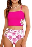 ALISISTER Teen Girl Swimsuits Size 10 12 Kids Bathing Suits for Teens Girl Hot Pink Tankini Bikini 2 Piece Juniors Adjustable Strap Cut Out Swimwear Swim Swimming Suit