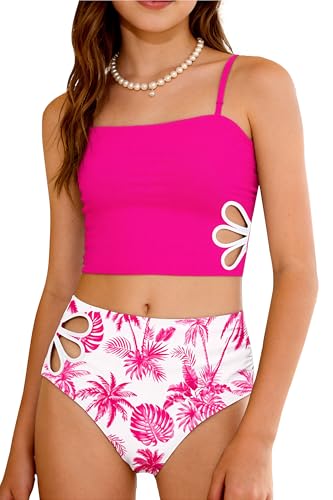 ALISISTER Teen Girl Swimsuits Size 10 12 Kids Bathing Suits for Teens Girl Hot Pink Tankini Bikini 2 Piece Juniors Adjustable Strap Cut Out Swimwear Swim Swimming Suit