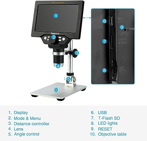 Image of Koolertron 7 inch LCD Digital Microscope 12MP 1-1200X Magnification - Handheld USB Microscope Camera with 32GB TF Card, 8 Adjustable LED Lights & Rechargeable Battery - Portable for Coin /PCB /Insect /Rock
