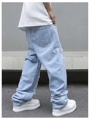 OYOANGLE Men's Ripped Distressed Jeans Wide Leg Casual Long Denim Pants with Pocket2