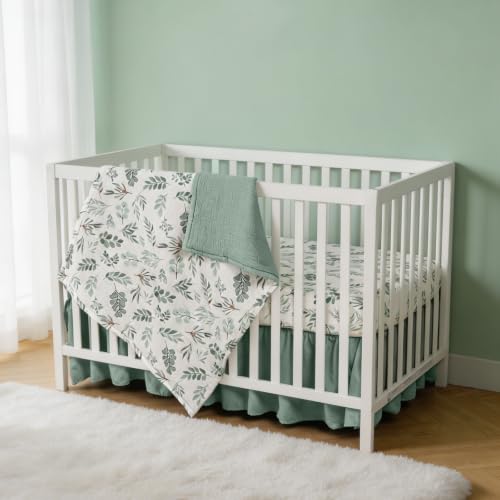 Image of Organic Cotton Muslin Baby Crib Bedding Set 3 Piece Soft for Infant Newborn Toddler Boys Girls 52 inchx28 inch, Nursery Bed Quilt Set Decor with Fitted Crib Sheet, Leaves Quilted Comforter Blanket, Bed Skirt