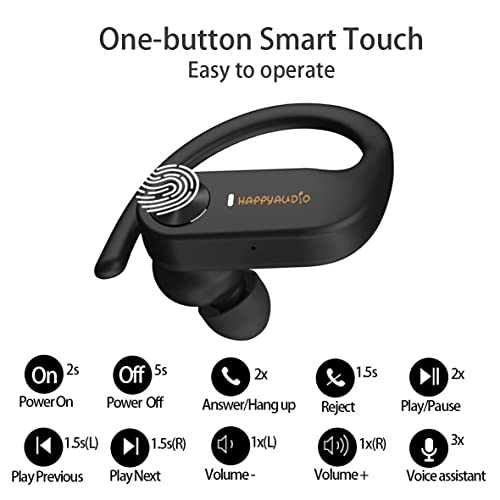 HAPPYAUDIO S1 Bluetooth 5.0 TWS Fone de ouvido sem fio esportivo com ganchos de ouvido Controle de v