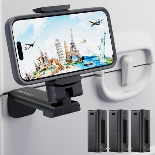 MiiKARE Travel Essentials Airplane Phone Holder, Universal Handsfree Phone Mount for Flying with 360 Degree Rotation, Travel Must Haves Phone Stand for Desk, Tray Table, Black&Black&Black