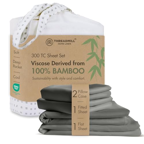 Image of Threadmill Rayon Bamboo Queen Sheet Set - Viscose Bamboo Sheets for Queen Size Bed, 4 Piece Dark Grey - Silky Soft, Cool, Lightweight, Breathable - 16 Inch Deep Pocket - Moisture Wicking & Cooling | 16 inch Deep Pocket, Cooling Sheet, Breathable, Lightweight, OEKO-TEX Certified