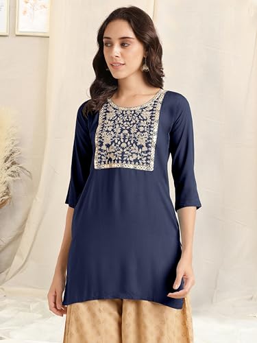 Image of MIRCHI FASHION Women's Straight Fit Rayon Sequins Embroidered and Polka Dots Printed Kurti Only