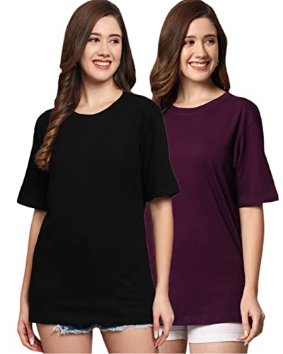 FUNDAY FASHION Cotton Short Sleeve Oversized T-Shirt for Women (Pack of 2) (in, Alpha, XL, Plus, Black & Wine)