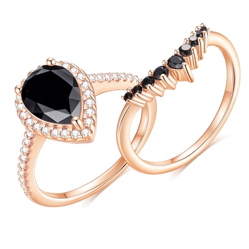 2CT Moissanite Wedding Ring Set for Women Black Color VVS1 Pear Shaped Halo Bridal Ring Sets S925 Sterling Silver with 18K Rose Gold Plated Engagement Anniversary Rings for Her Size 5-10