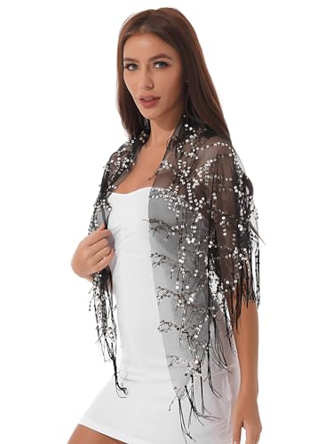 XUNZOO Women's Sparkling Sequin Shawl Wrap Evening Dress Wedding Holiday Sparkle Fringe Scarf Shrug