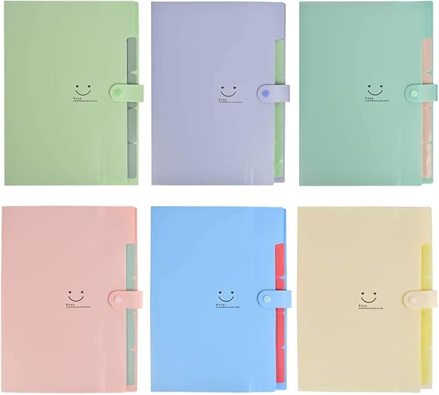 6 PCS Expanding File Folder A4 Organ Folder with 5 Pockets Accordion Document Organizer for School and Office (Beige, Blue, Light Green, Grass Green, Light Pink, Purple)