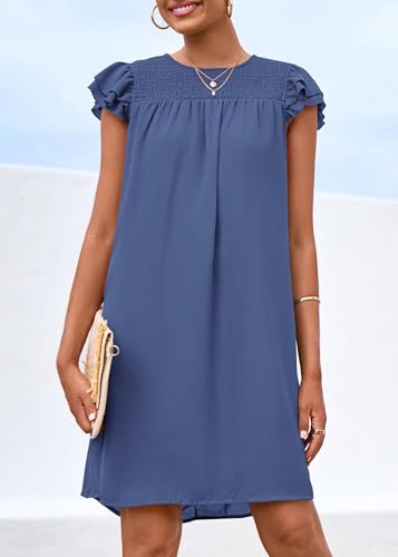 Image of KIRUNDO Wedding Guest Shift Dresses for Women Short Spring Summer Ruffle Cap Sleeve Chiffon Babydoll Flowy Mini Sundress