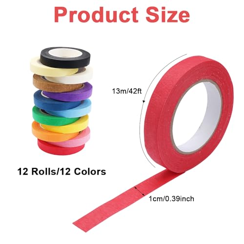 12 Rollen Klebeband Bunt, 10mm x 13m Kreppband Malerband, Masking Tape Farbiges Klebeband, Deko Klebeband Abdeckband, Painters Tape, Kreppklebeband Schmal für Scrapbooking, Wandkunst, Kunsthandwerk