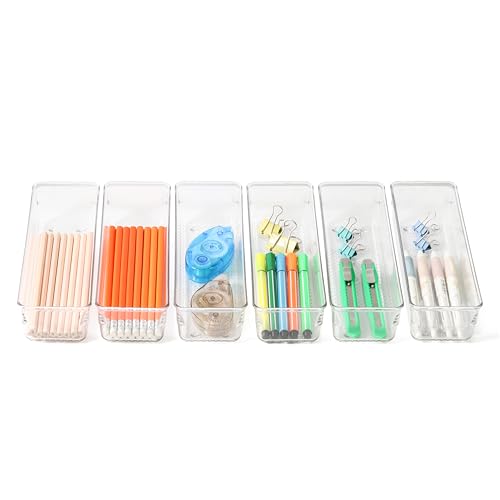 Image of ihomecooker 6 Set Clear Plastic Junk Drawer Organizer Vanity Curlery Utensil Makeups Organizer for Kitchen 9''X 3''