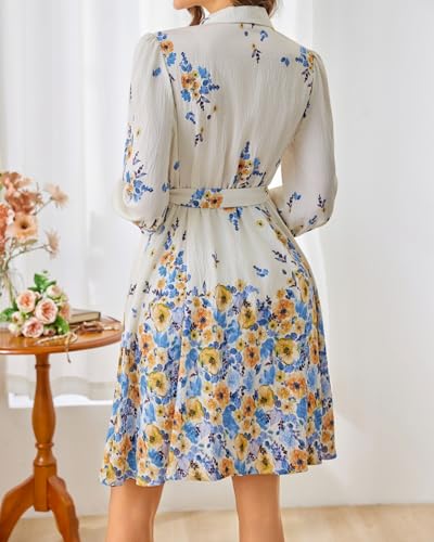 Image of Women Long Sleeve Spring Button Down A-Line Floral Print Summer Cocktail Shirt Dresses with Belt