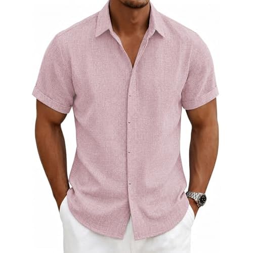 Mens Linen Shirts Short Sleeve Casual Shirt Button Down Summer Beach Vacation Tops Men Casual Dress Shirts Breathable
