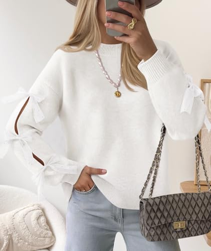 ZESICA Women's Oversized Bow Sweaters Fall 2025 Cute Crewneck Long Sleeve Knit Pullover Sweater Jumper Tops2
