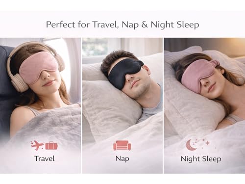 Image of Velvet Eye Sleep Mask for Men & Women Soft Light Blocking Sleeping Eye Mask with Adjustable Strap Travel Relaxation Eye Cover for Home Flight Deep Rest (Black + Dusty Pink)