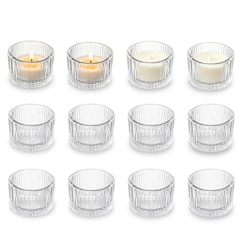 12 Pezzi Portacandele Vetro Trasparente 5 x 3.5 cm, Lumini Portacandele Stile Vintage per Aromaterapia Fai da Te, Decorazione Tavolo Centrotavola per Matrimoni Feste Casa Campeggio