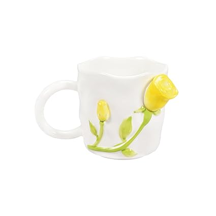 Denovin Ceramic Coffee Mug, Cappuccino Espresso Demitasse Cute Relief Rose Cup, 12oz Perfect for Milk Tea Latte Oatmeal, Dishwasher and Microwave Safe (Yellow)