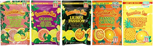Hawaiian Sun Powder Drink Mix 5 Flavor Pack (Pineapple Orange Nectar, Pass O Guava, Lilikoi Passion, Passion Orange, Guava)