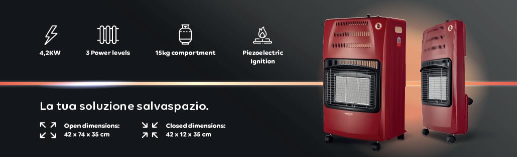Wintem - Stufa a Gas Richiudibile 4200W con 3 Livelli di Riscaldamento, Accensione Piezoelettrica e Vano Porta-Bombola da 15Kg, Compatta e Facile da Riporre (Bordeaux)