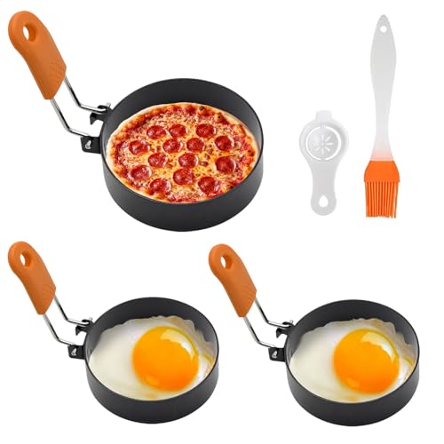 HAYGEM 3 Piezas Moldes para Huevos Fritos para Sartén en Dos Tamaños, Huevo Rings con Separador y Cepillo, Pancakes Rings de Acero Inoxidable y Antiadherentes para Tortillas, Tortitas y Mucho Más