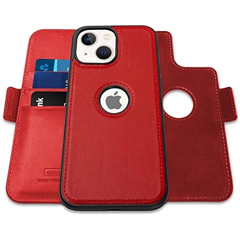 WenBelle for iPhone 13 (6.1 inch), 2-in-1 Magnetic Detachable TPU Shockproof Genuine Leather Wallet Case,RFID Blocking Protection,Viewing Stand and Card Slots Flip Cases (Red) Cover