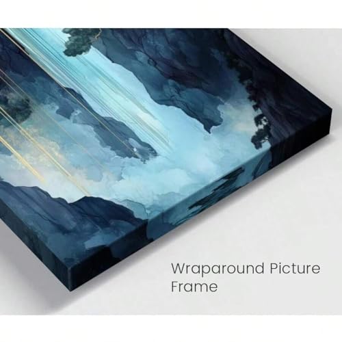 Tableau cascade japonaise Ukiyo-E bleu or argent déco murale grand format 70x100