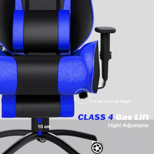 Image of ASE GAMING Gold Series Ergonomic Gaming Chair with Footrest Premium PU Leather, Adjustable Neck & Lumbar Pillow, 180 Degree Recline with Black Metal Base with 3 Years Warranty (Blue)