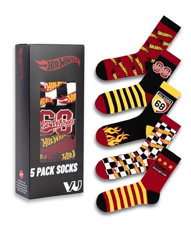 Hot Wheels Mens Red, Black, Yellow & White Calf Socks Set of 5 | Checkerboard & Flames Designs | Daily Wear Multipack