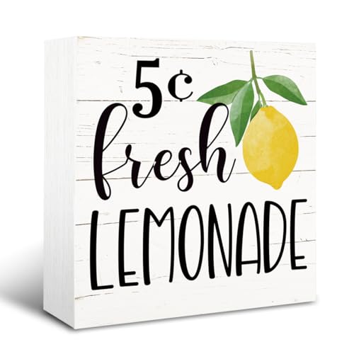 Summer Decor Sign, Lemon Decor Signs, Decorative Wooden Desk Sign, Farmhouse Home Decors for Shelf, Wood Decoration for Kitchen Bar Cafe Shop, Fresh Lemonade Sign 5×5×1.2inches
