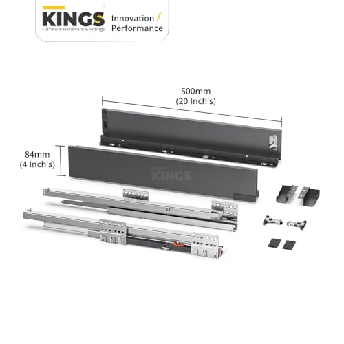 Image of Kings Soft Close Tandem Box Drawer System for Modular Kitchen | Load Capacity Upto 45 Kg | Galvanised Steel, Full Extension Slides- 500mm Length x 84mm Height (4 Inch), Iron Grey- 5 Year Warranty