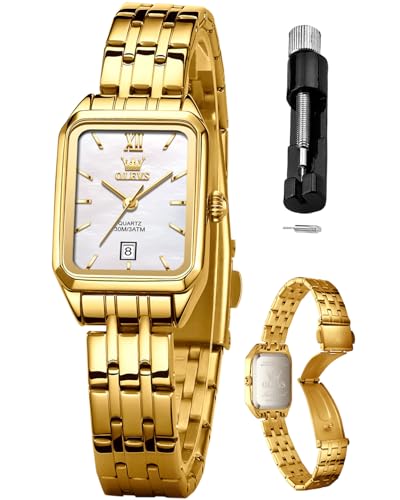 Image of OLEVS Watches for Women Gold Dress Analog Quartz Square Female Watch Stainless Steel Waterproof Calender Stylish Watch for Ladies