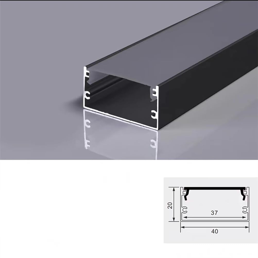 Difusor de tira de luz LED en forma de U de perfil de aluminio de 6 m, canal negro con cubierta blanca lechosa, sistema de pista para 40 x 20 mm, perfecto para iluminación del hogar y la oficina