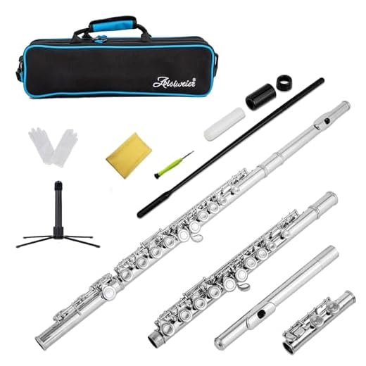 Aisiweier C Flutes Closed Hole C Flute Musical Instrument with Joint Grease,Cleaning Rod, Carrying Case, Stand, Gloves and Tuning Rod, 16 Key Student Flute Beginner Kids Flute, Nickel