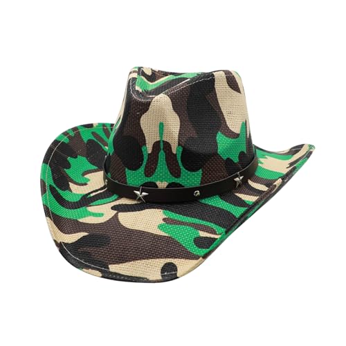 Image of Mens Straw Cowboy Hat Unisex Western Beach Sun Hat for Men Women Wide Brim Fedora Hat Cowgirl Hats Summer Panama Hat
