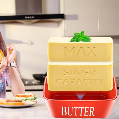 Image of Ceramic Butter Dish with Wooden Lid, Airtight Butter Keeper for Counter or Fridge with Stainless Steel Multipurpose Butter Knife, Butter Container with Double High-Quality Silicone(Red)