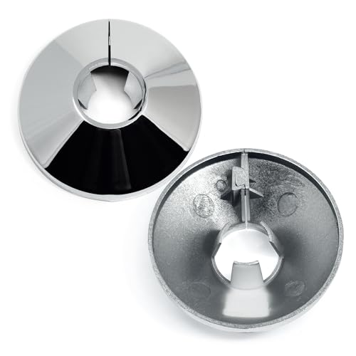 Chrome Pipe Collars - 15mm Radiator Pipe Hole Collars, Pack of 2 Snap On Chrome-Plated Plastic Covers, 4.5cm Wide