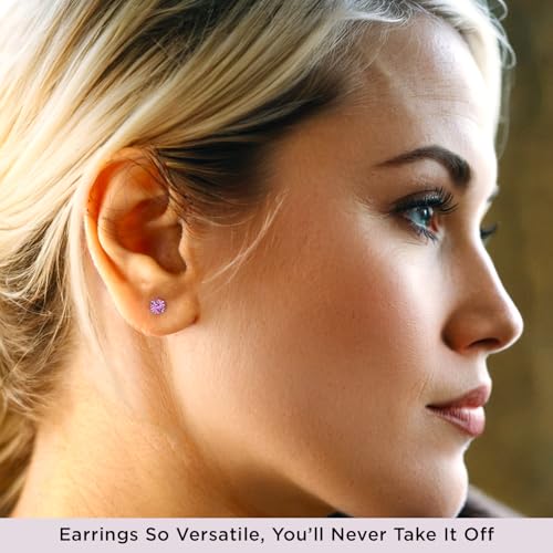 Jewelili 10K White Gold 5MM Round Pink Cubic Zirconia Solitaire Stud Earrings for Women | Classic Jewelry with Gift Box | Timeless Fashion Jewelry Gift for Her | Dainty Earrings3