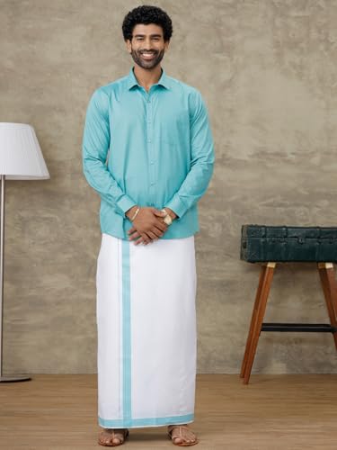 Image of RAMRAJ COTTON Men Full Sleeve Solid Shirt With Matching Border Dhoti|Ideal For Weddings And Occasion