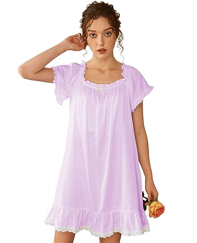 Image of Nanxson Women's Cotton Nightgown Short Sleeve Sleepwear Vintage Nightshirt | Summer Victorian Sleepdress,White Sleepshirt,U Neck Lace Loungewear,Soft Nightshirt,Loose Loungedress,Bride Nightwear