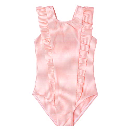LIZENS Girls Swimsuit Kids Scalloped One Piece Ruffle Swimsuit Girls Swimwear Print (7-8T, Pink)