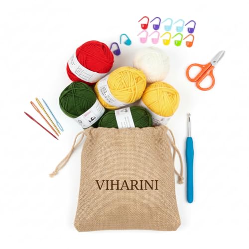 Image of VIHARINI Crochet Kit for Beginners with Yarn, Crochet Hooks, Stitch Markers, Knitting needles, DIY Tools & Crochet Thread - Complete Crocheting Set for Adults and Kids (Multi-Colour) with Drawstring bag (5 yarn set with Bag)
