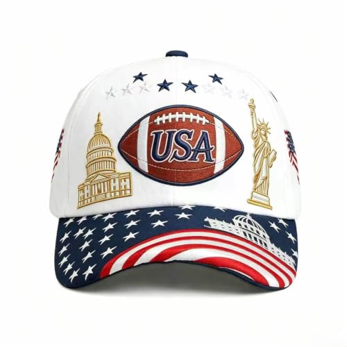 USA Patriotic Football Baseball Cap, Embroidered, Red White and Blue