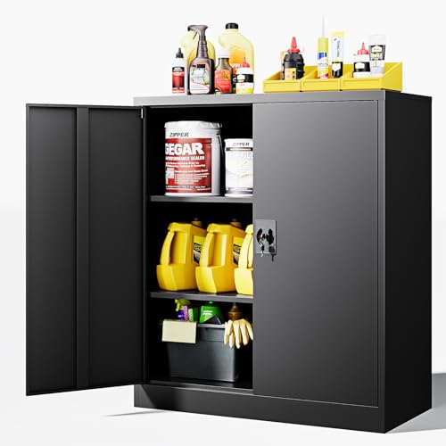 Image of Letaya Metal Storage Cabinets with Lock Door,2 Adjustable Shelves Organizer Steel Storage Cabinets for Home,Office,Warehouse,Garage,Employee Lockers(Black)