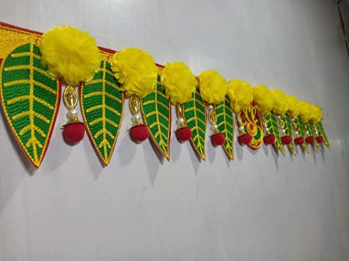 Image of Saugat Traders Flower Toran for Home /Mandir Entrance Door - Ganesh Pan Marigold Hanging - Fabric Toran for Main Door /Wall Hanging - Bhandwar Door Toran - Pooja Room - 90 cm